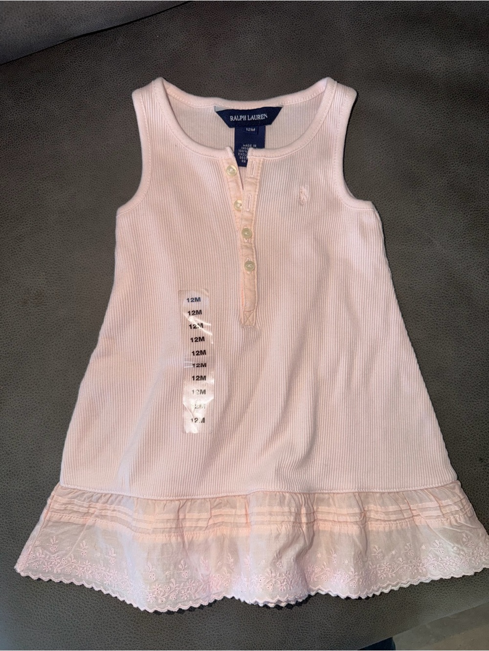 100% cotton Ralph Lauren Light Pink Ribbed Tank Dress with Lace Trim 12 months